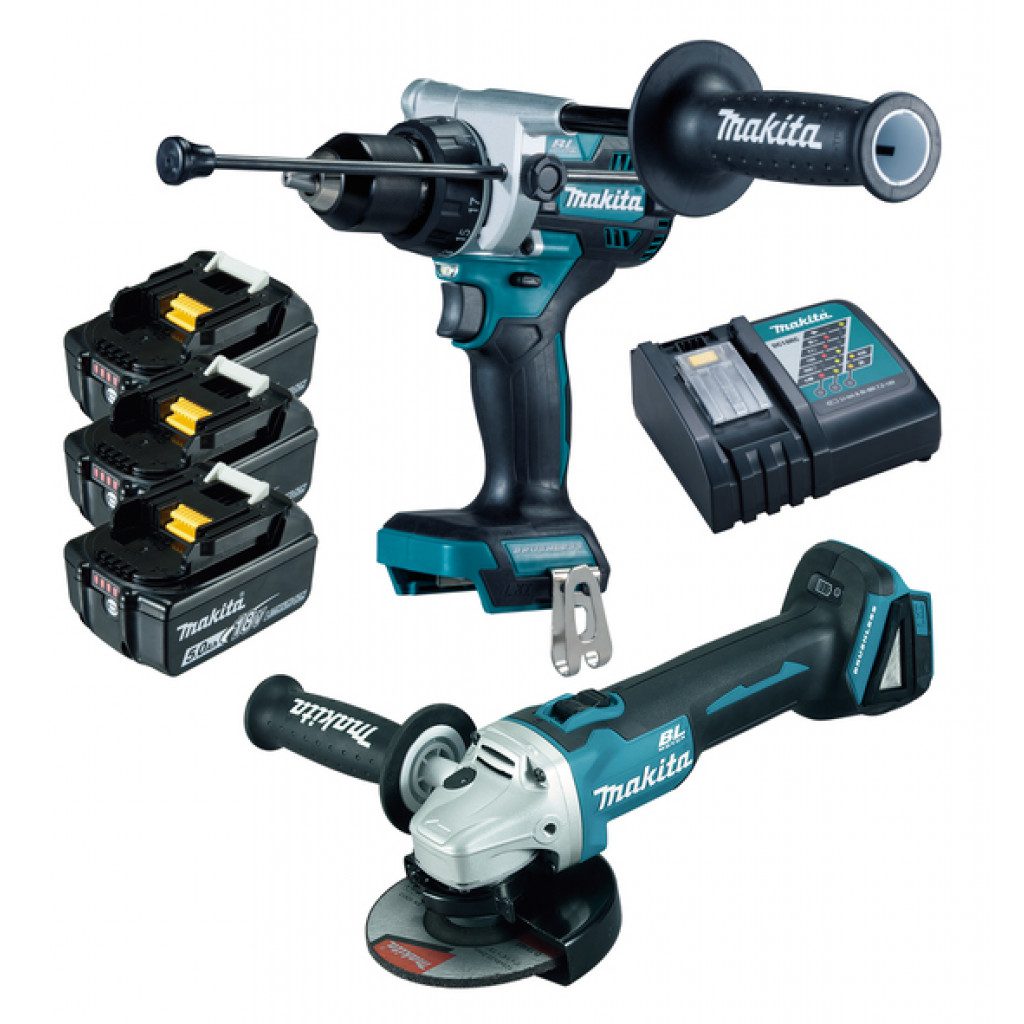 MAKITA 18V 2stk Verkfærasett DGA506+DHP486 (3x 5Ah rafl og hleðslutæki)
